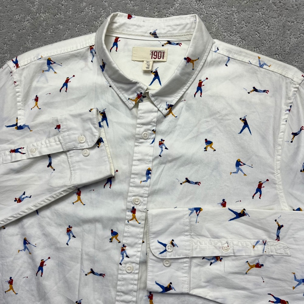 1901 Nordstrom Button Down Shirt Mens XL White Baseball Print Long Sleeve Oxford